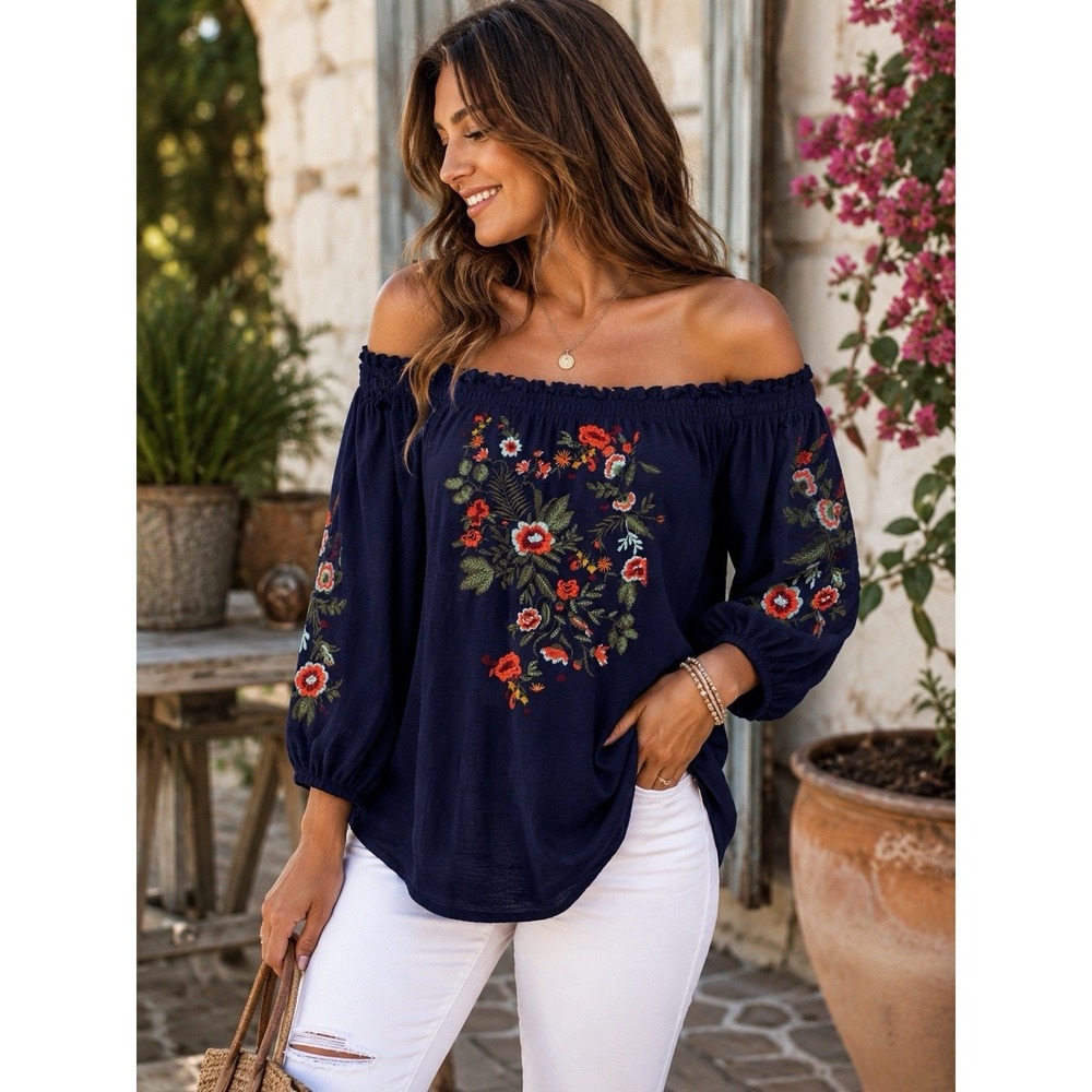 Ruff Hewn Women'sā XL Navy Off Shoulder Floral Embroidered Peasant Boho Blouse